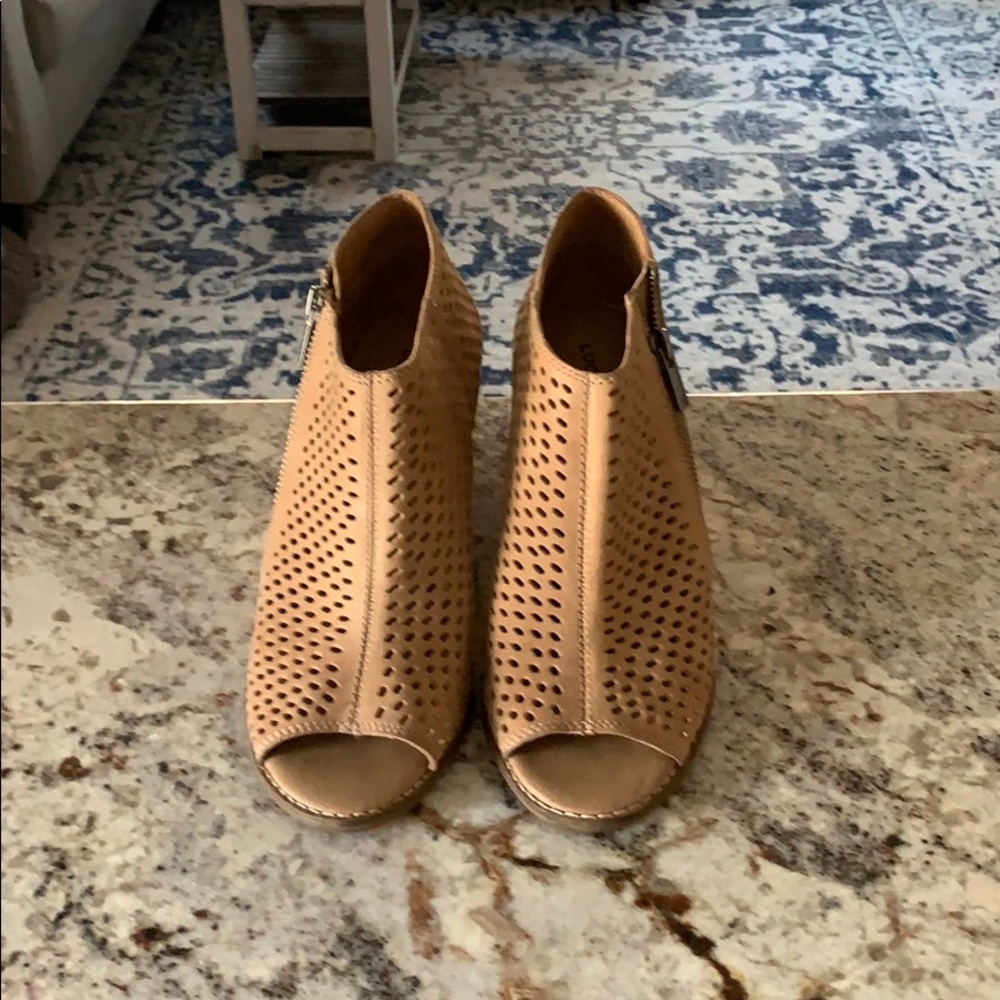 Lucky Brand Open toed wedge booties.